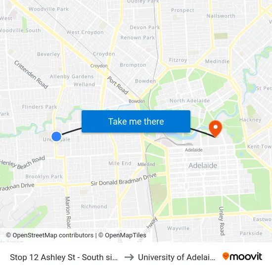 Stop 12 Ashley St - South side to University of Adelaide map
