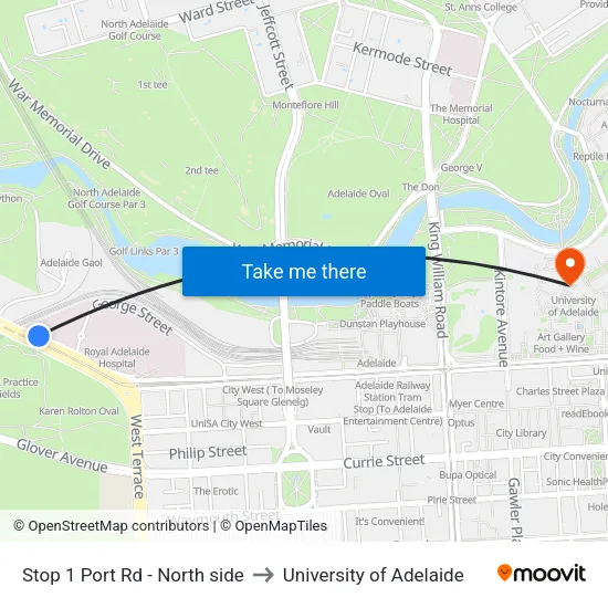 Stop 1 Port Rd - North side to University of Adelaide map