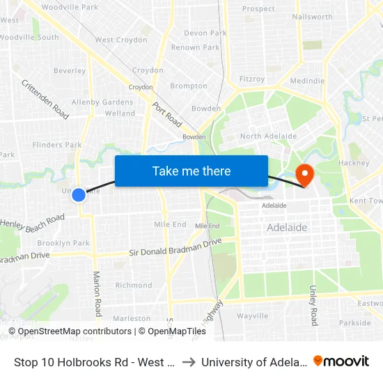 Stop 10 Holbrooks Rd - West side to University of Adelaide map