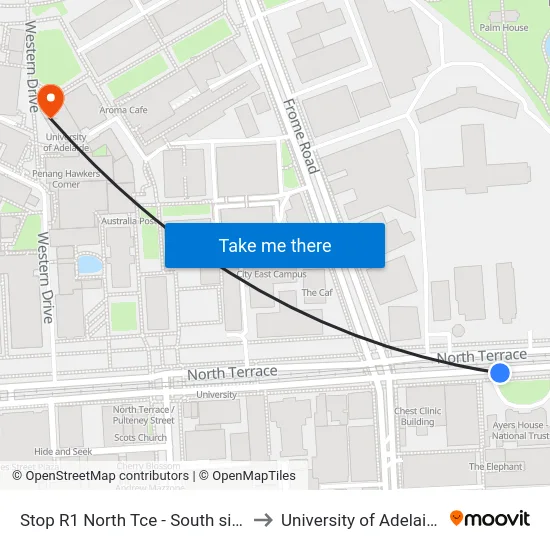 Stop R1 North Tce - South side to University of Adelaide map