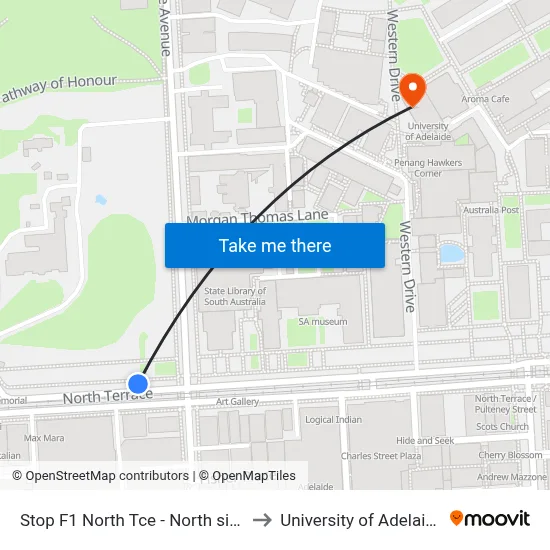 Stop F1 North Tce - North side to University of Adelaide map