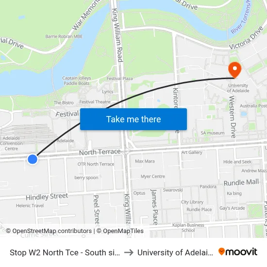 Stop W2 North Tce - South side to University of Adelaide map