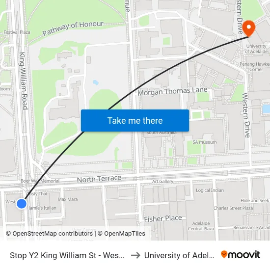 Stop Y2 King William St - West side to University of Adelaide map