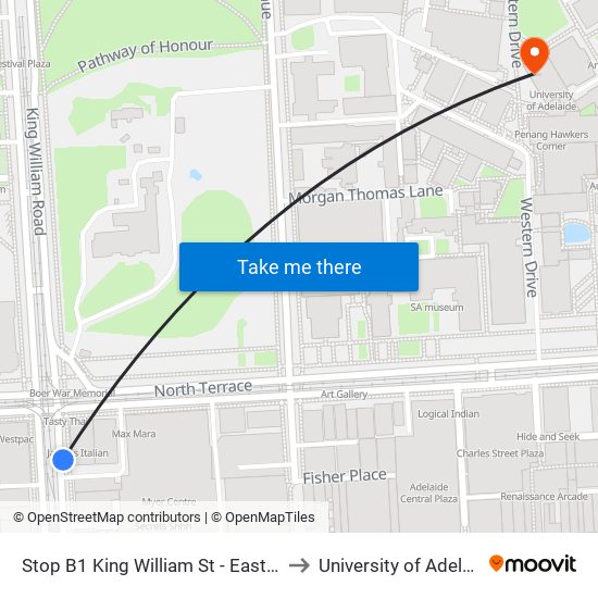 Stop B1 King William St - East side to University of Adelaide map