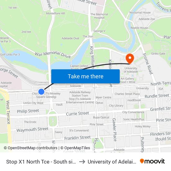 Stop X1 North Tce - South side to University of Adelaide map