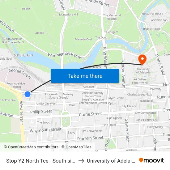 Stop Y2 North Tce - South side to University of Adelaide map