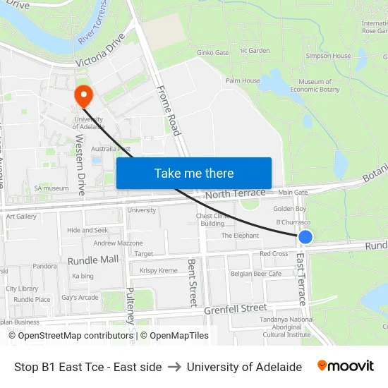 Stop B1 East Tce - East side to University of Adelaide map