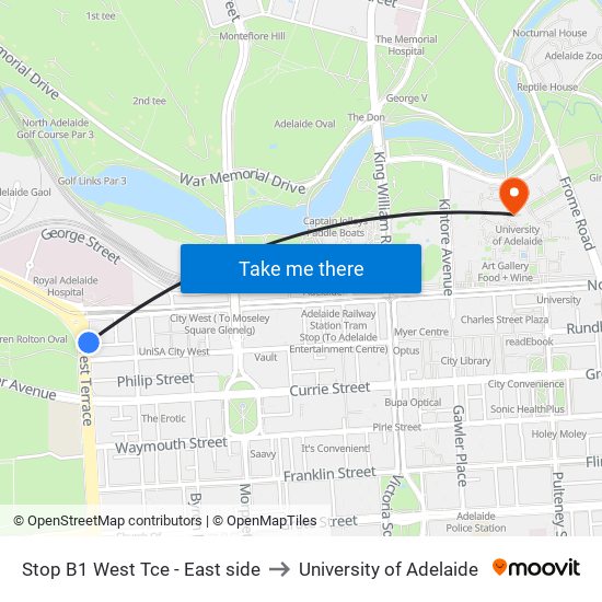 Stop B1 West Tce - East side to University of Adelaide map