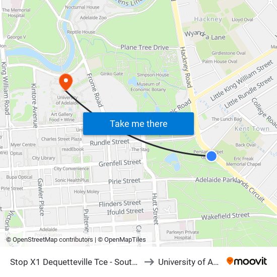 Stop X1 Dequetteville Tce - South West side to University of Adelaide map