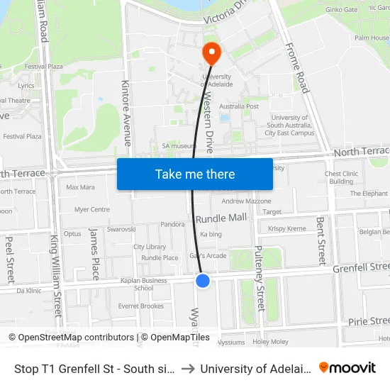 Stop T1 Grenfell St - South side to University of Adelaide map