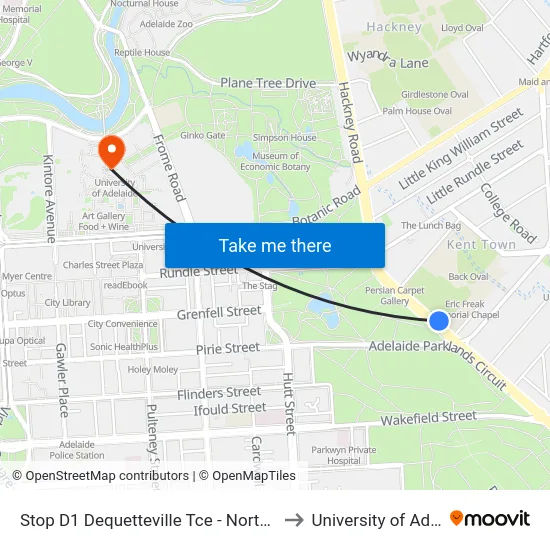 Stop D1 Dequetteville Tce - North East side to University of Adelaide map