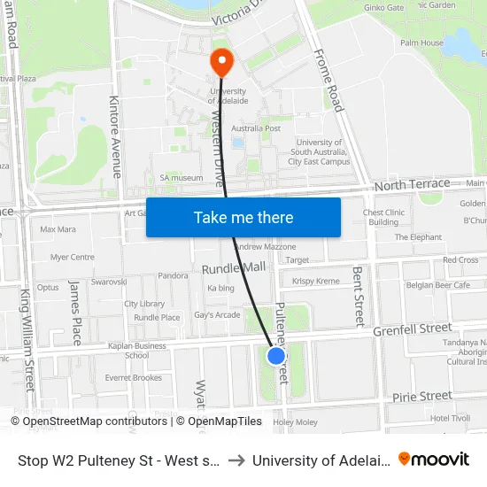 Stop W2 Pulteney St - West side to University of Adelaide map