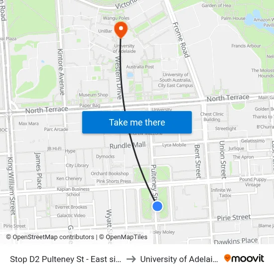 Stop D2 Pulteney St - East side to University of Adelaide map