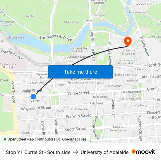 Stop Y1 Currie St - South side to University of Adelaide map