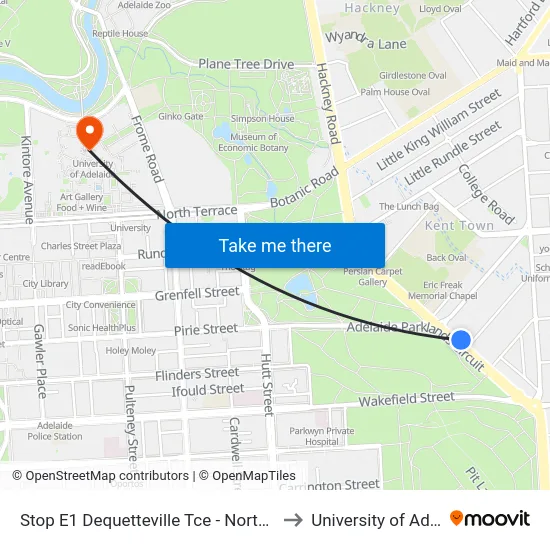 Stop E1 Dequetteville Tce - North East side to University of Adelaide map