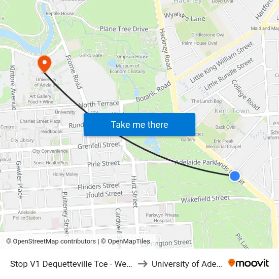 Stop V1 Dequetteville Tce - West side to University of Adelaide map