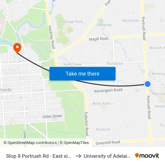 Stop 8 Portrush Rd - East side to University of Adelaide map
