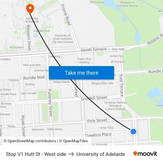 Stop V1 Hutt St - West side to University of Adelaide map