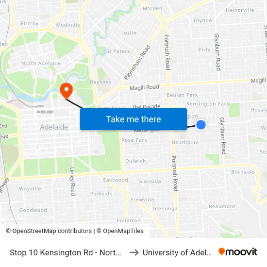 Stop 10 Kensington Rd - North side to University of Adelaide map