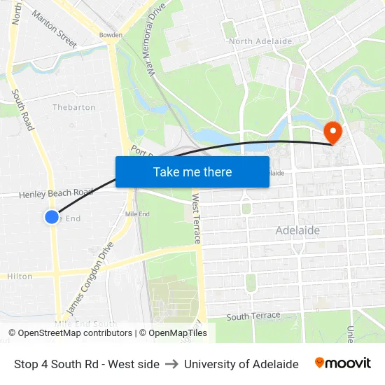 Stop 4 South Rd - West side to University of Adelaide map