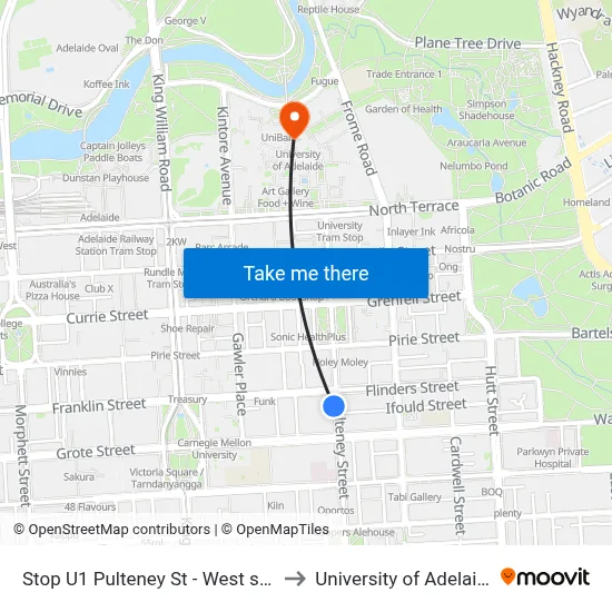 Stop U1 Pulteney St - West side to University of Adelaide map