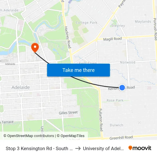 Stop 3 Kensington Rd - South side to University of Adelaide map