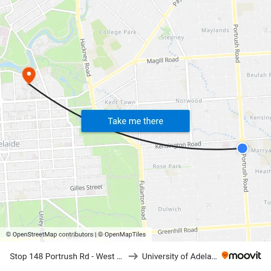 Stop 148 Portrush Rd - West side to University of Adelaide map