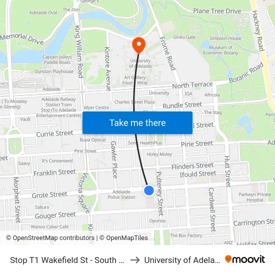 Stop T1 Wakefield St - South side to University of Adelaide map