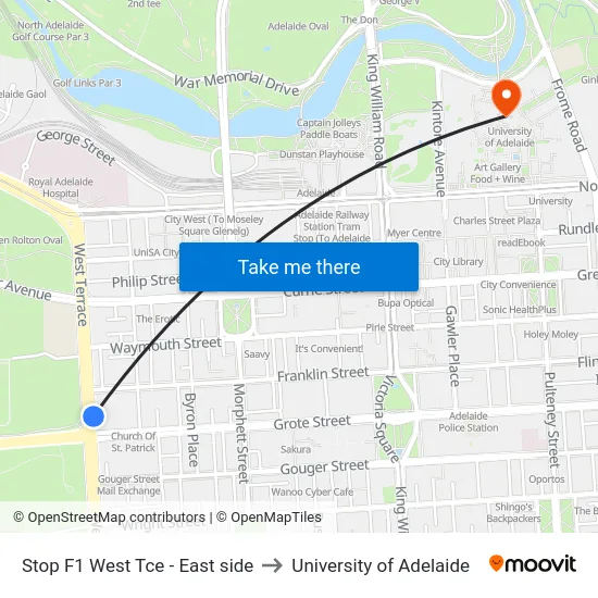 Stop F1 West Tce - East side to University of Adelaide map