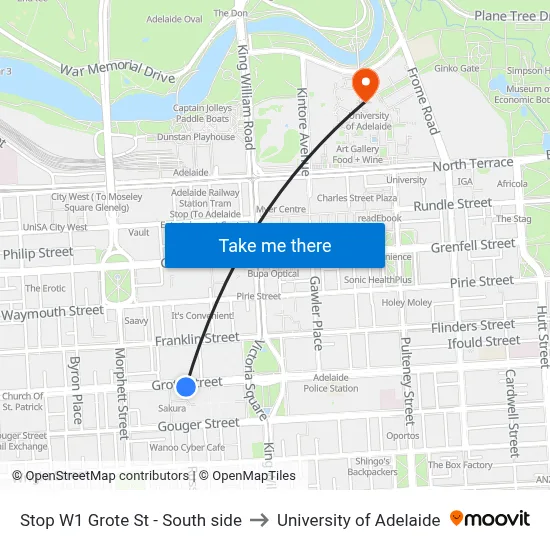 Stop W1 Grote St - South side to University of Adelaide map