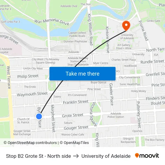 Stop B2 Grote St - North side to University of Adelaide map