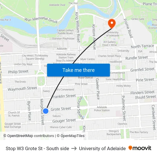 Stop W3 Grote St - South side to University of Adelaide map