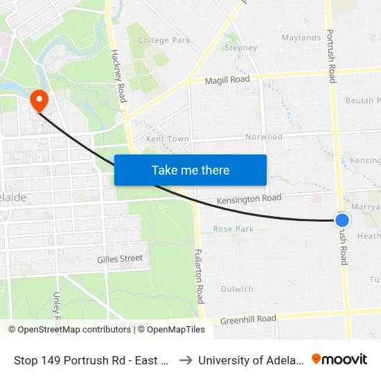 Stop 149 Portrush Rd - East side to University of Adelaide map