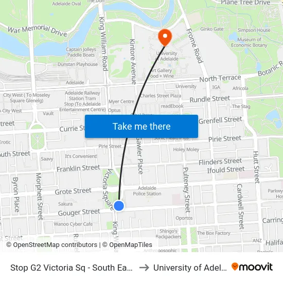 Stop G2 Victoria Sq - South East side to University of Adelaide map