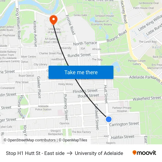 Stop H1 Hutt St - East side to University of Adelaide map
