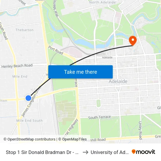 Stop 1 Sir Donald Bradman Dr - North side to University of Adelaide map