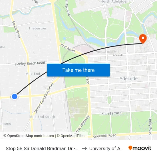 Stop 5B Sir Donald Bradman Dr - North side to University of Adelaide map