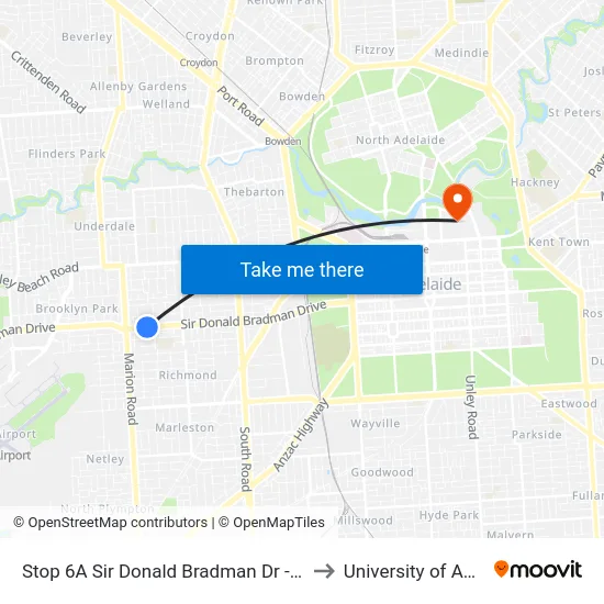Stop 6A Sir Donald Bradman Dr - North side to University of Adelaide map