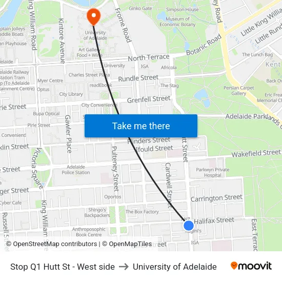 Stop Q1 Hutt St - West side to University of Adelaide map