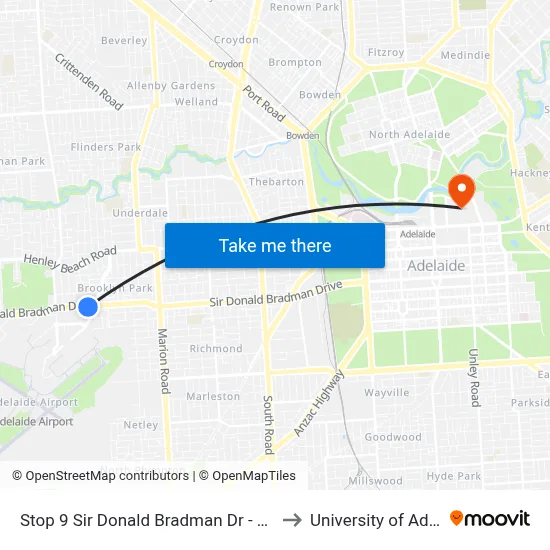 Stop 9 Sir Donald Bradman Dr - South side to University of Adelaide map