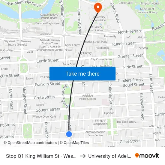 Stop Q1 King William St - West side to University of Adelaide map