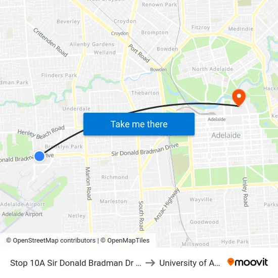 Stop 10A Sir Donald Bradman Dr - North side to University of Adelaide map
