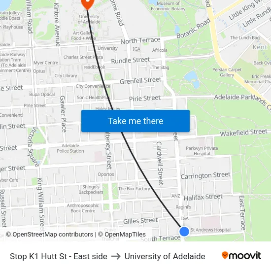 Stop K1 Hutt St - East side to University of Adelaide map