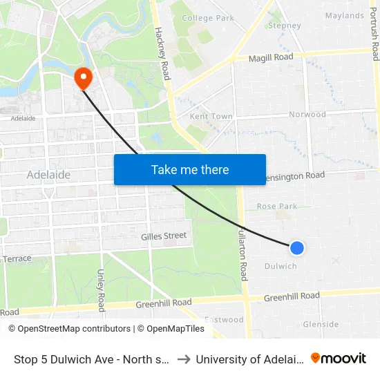 Stop 5 Dulwich Ave - North side to University of Adelaide map