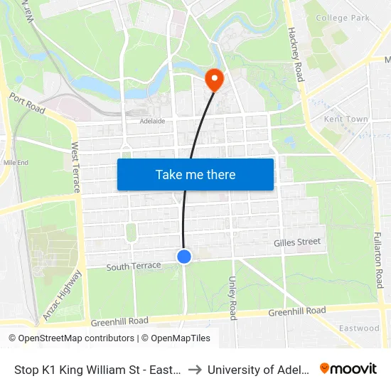 Stop K1 King William St - East side to University of Adelaide map