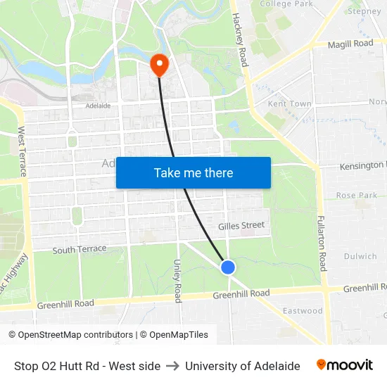 Stop O2 Hutt Rd - West side to University of Adelaide map