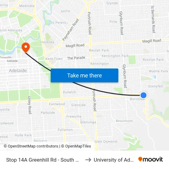 Stop 14A Greenhill Rd - South West side to University of Adelaide map