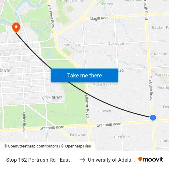 Stop 152 Portrush Rd - East side to University of Adelaide map