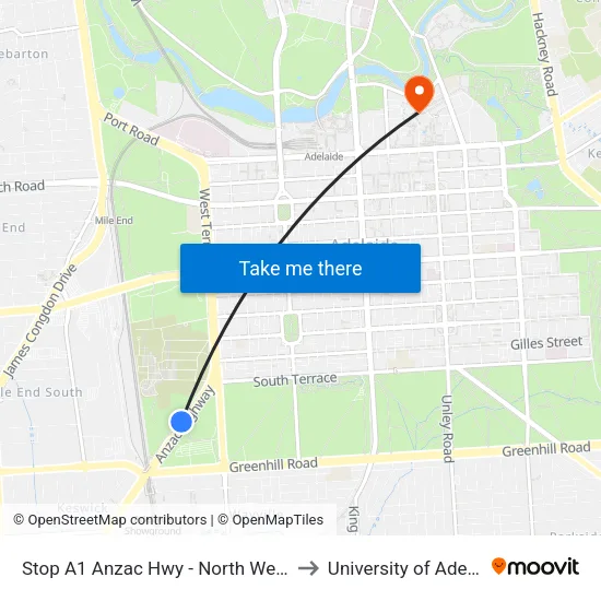 Stop A1 Anzac Hwy - North West side to University of Adelaide map