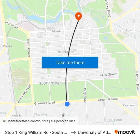 Stop 1 King William Rd - South East side to University of Adelaide map